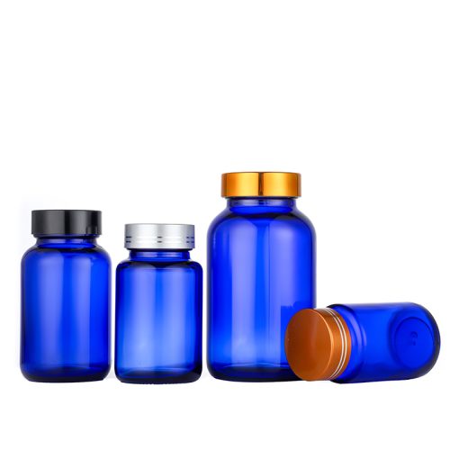 Blue glass medicine bottle wide mouth packer for tablets and capsules