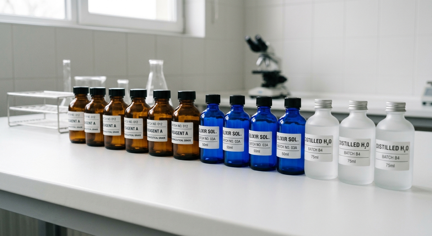 Comparison of pharmaceutical glass bottles in different colors on a lab bench