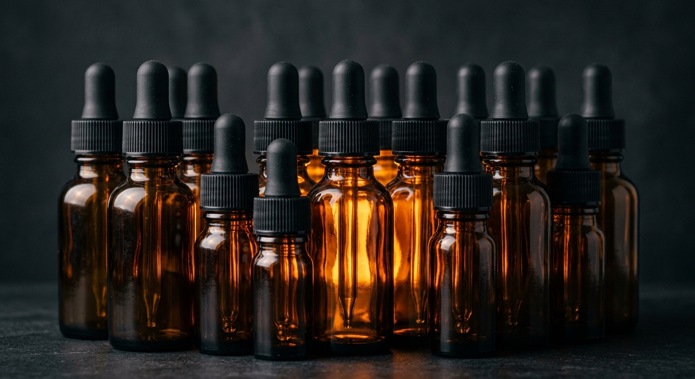 Amber Boston round pharmaceutical bottles with dropper caps