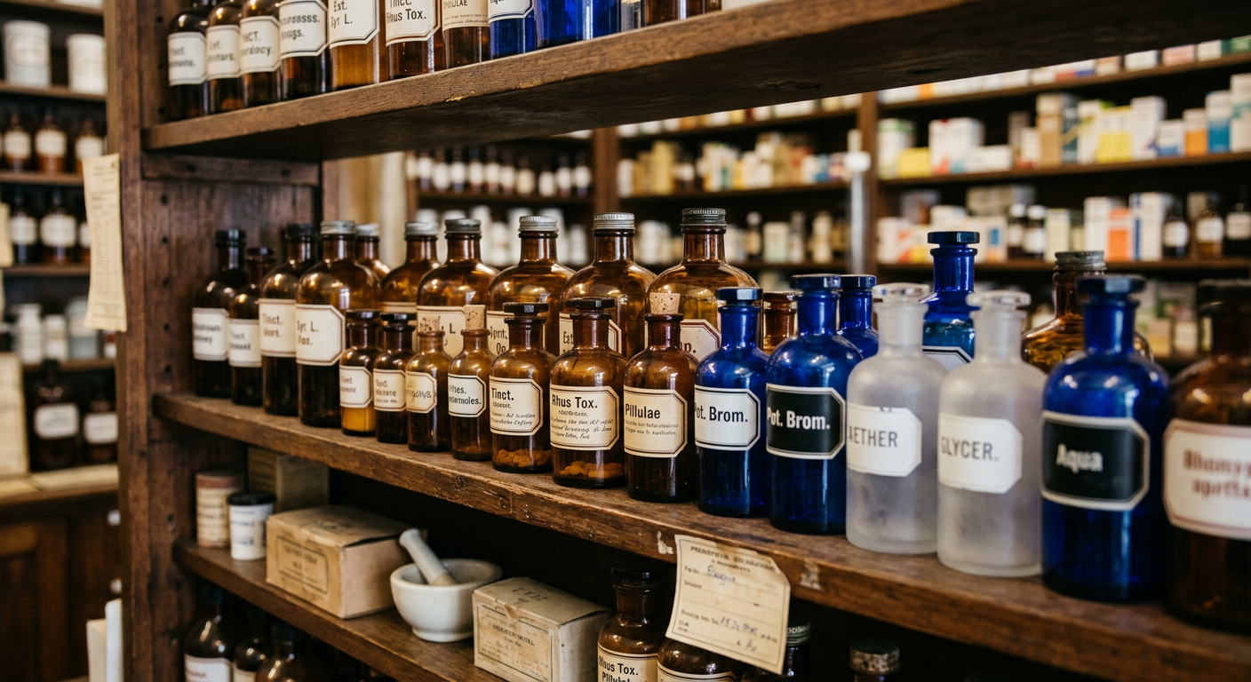 Pharmacy retail shelf with mixed amber, cobalt, and frosted glass bottles