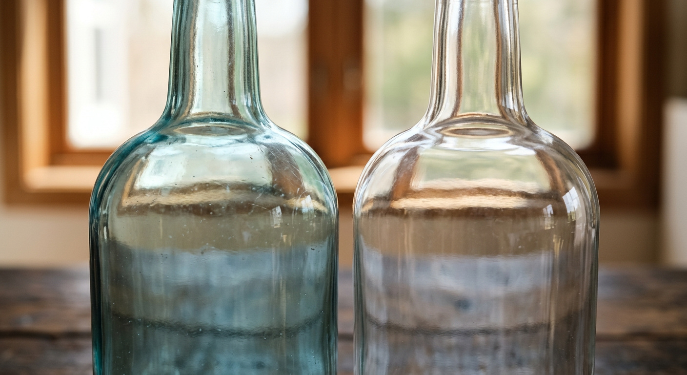 Macro view of flint and extra-flint glass showing iron tint difference