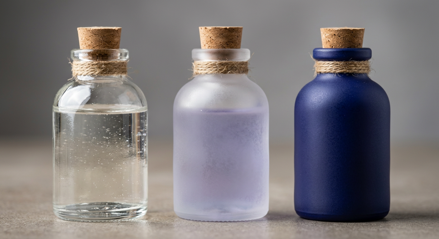 Three glass bottles showing glossy, frosted, and color-coated finishes side by side