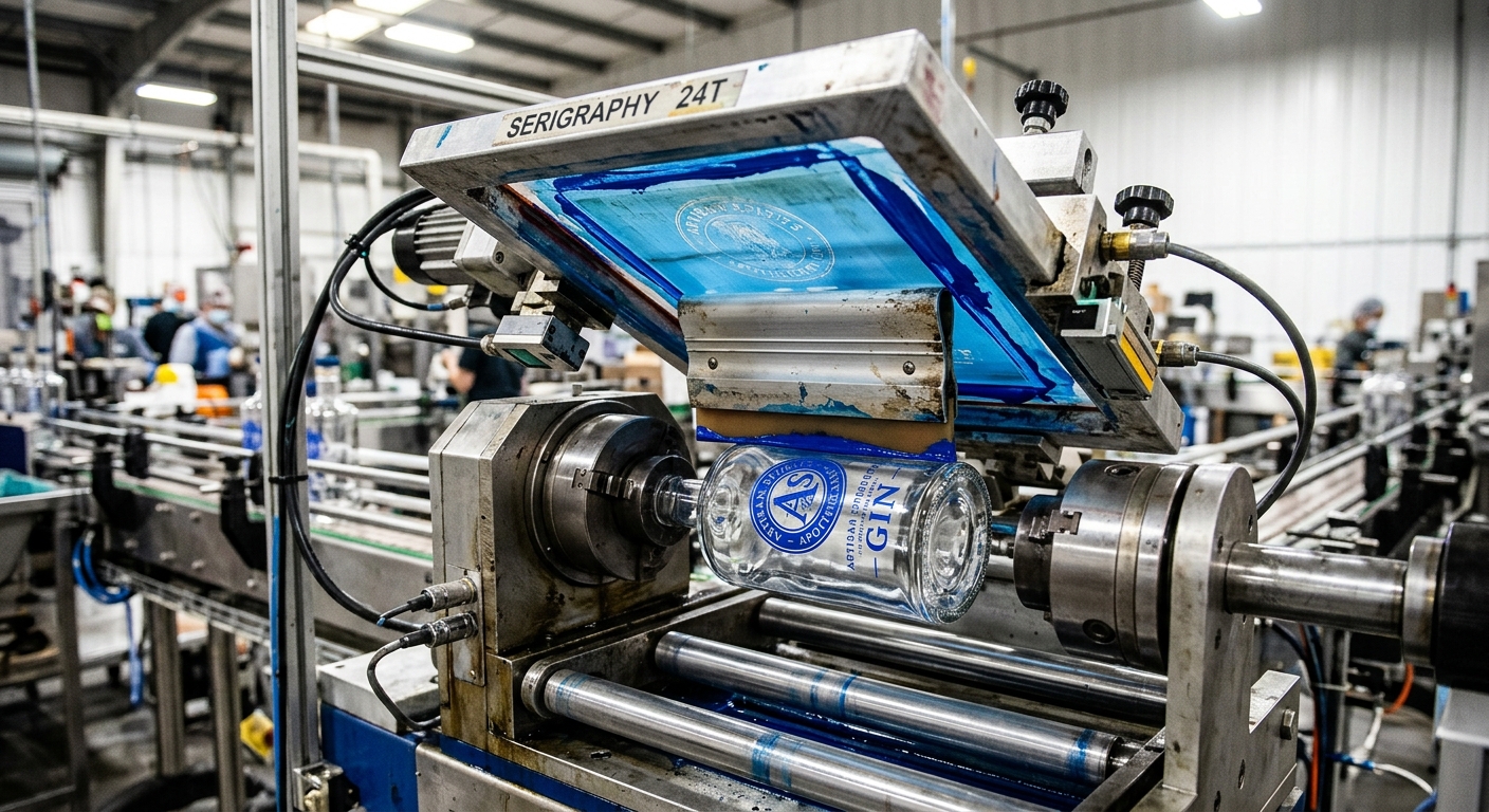 Screen printing process applying ceramic ink to a glass bottle on production line