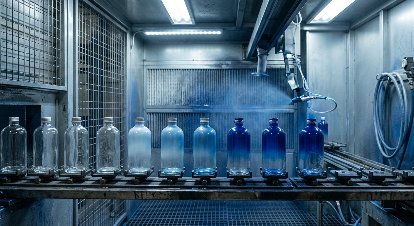 Glass bottles with gradient spray coating in a production booth