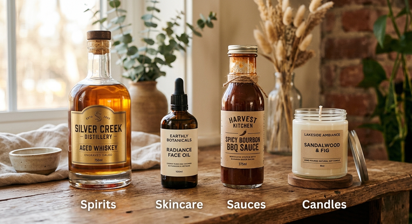 Decorated glass bottles for spirits, skincare, sauces, and candles arranged together