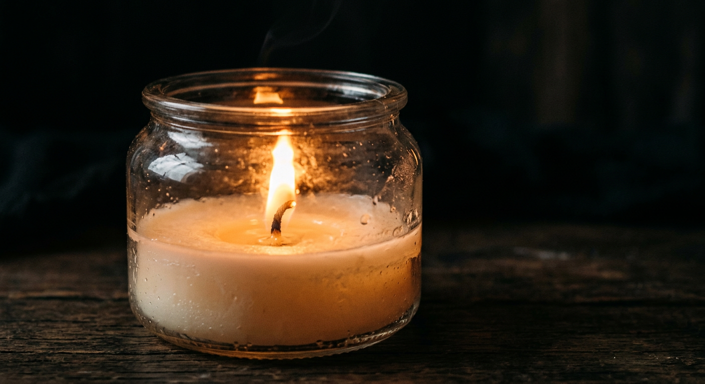 Close-up of candle flame inside glass jar showing heat zones