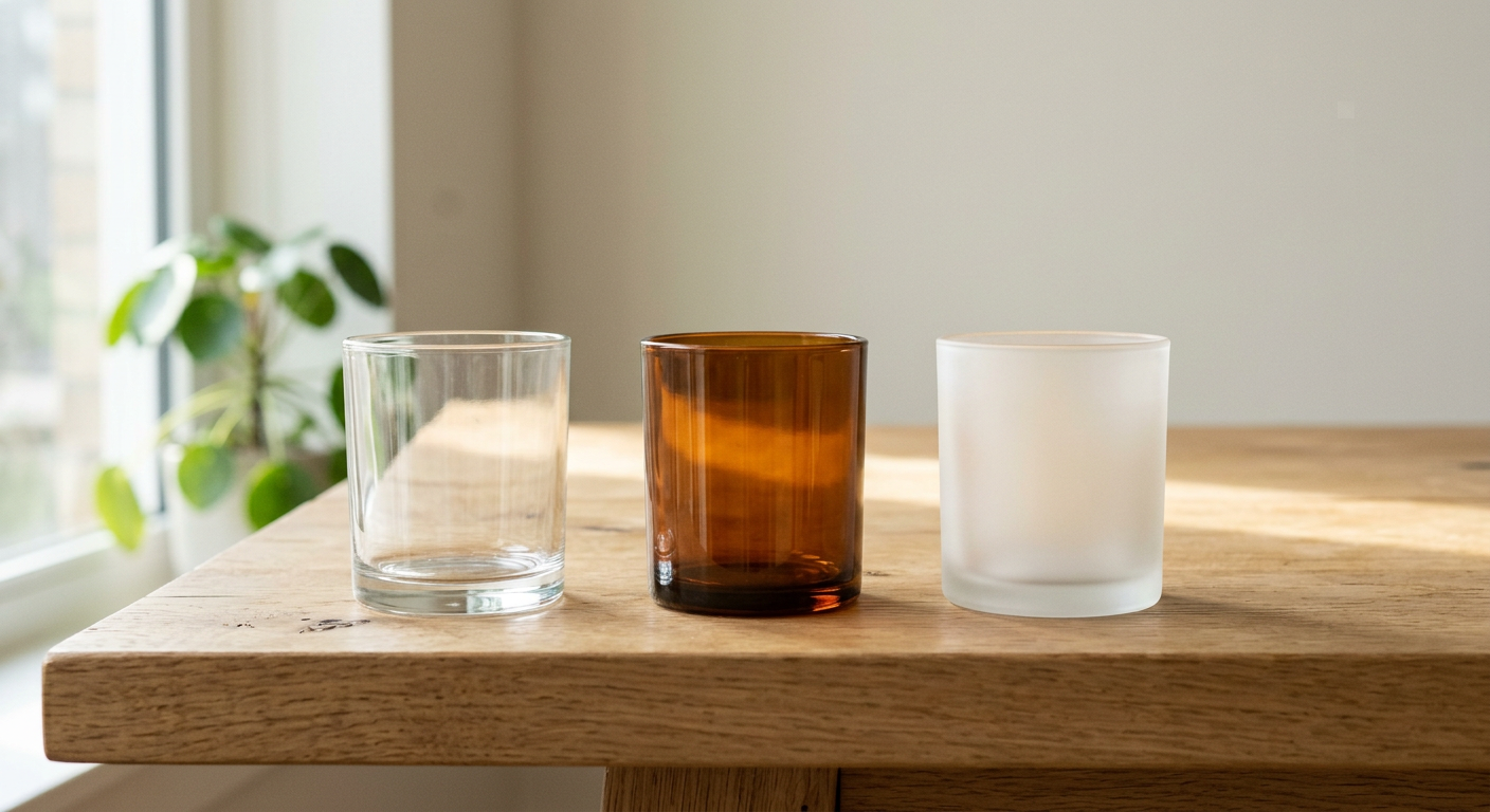Three empty glass candle jars in different finishes side by side