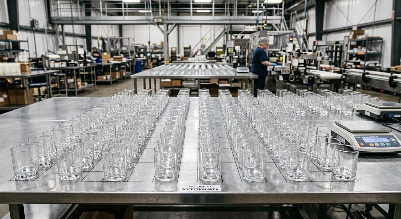 Empty glass candle jars on a quality control inspection table