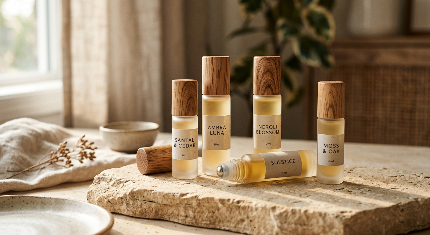 Frosted glass roll-on perfume bottles with wooden caps