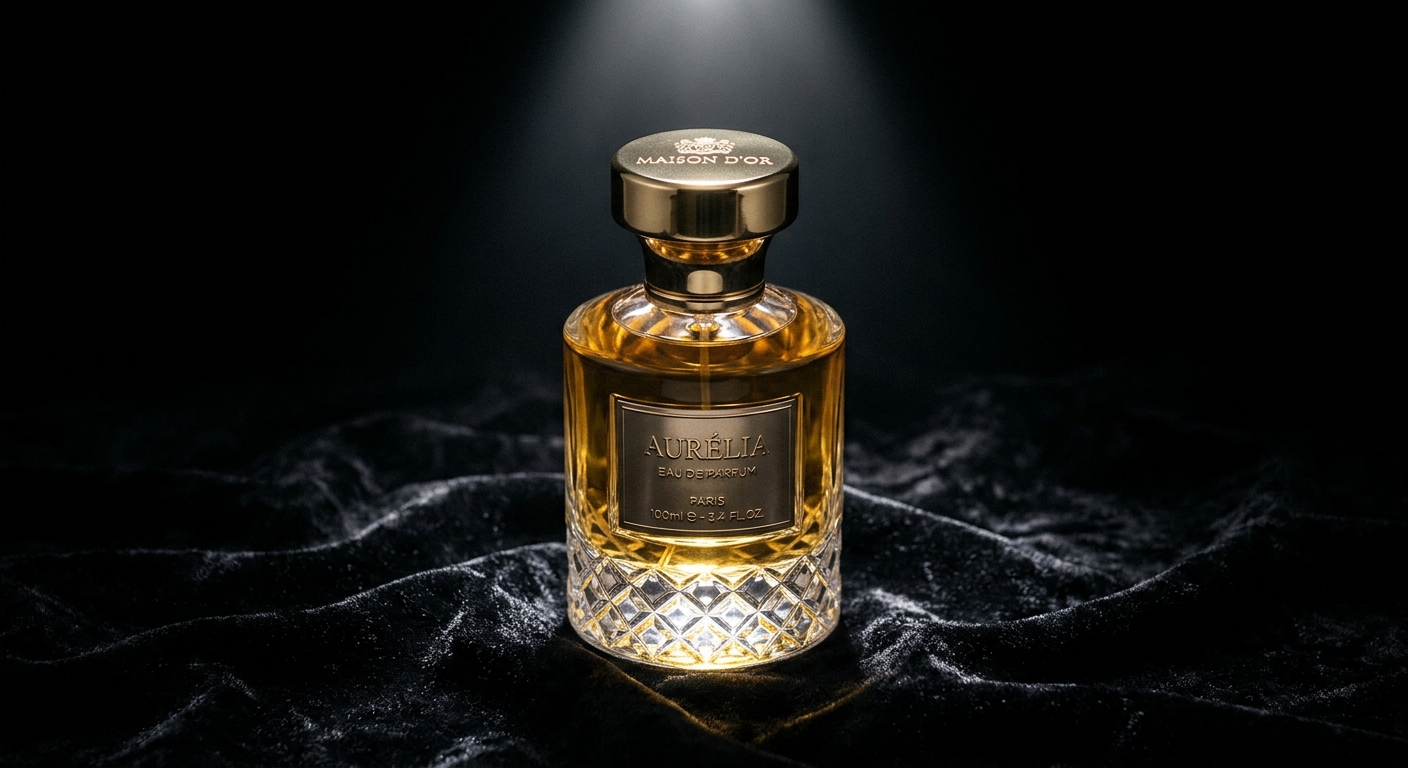 Heavy luxury perfume bottle on dark velvet with dramatic lighting