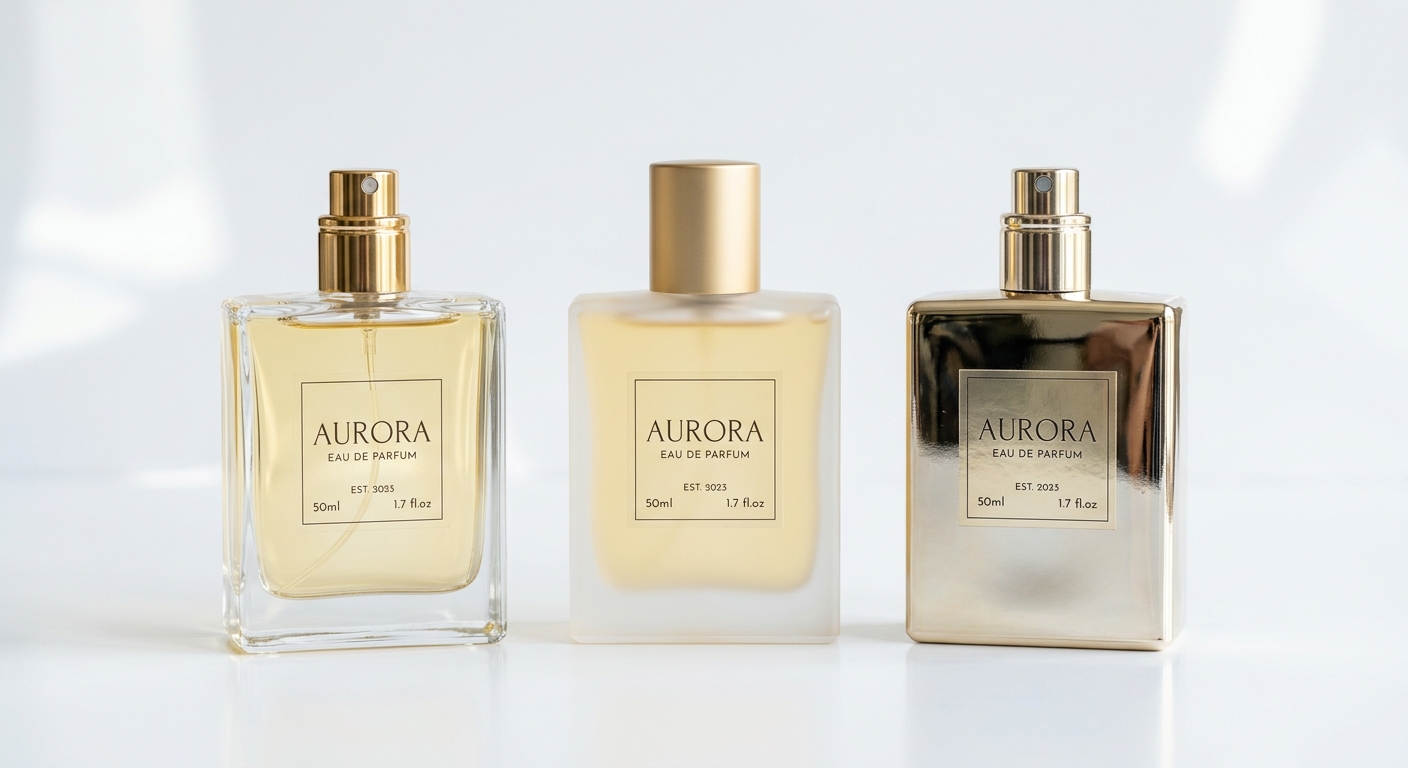 Three perfume bottles showing clear, frosted, and metallized finishes