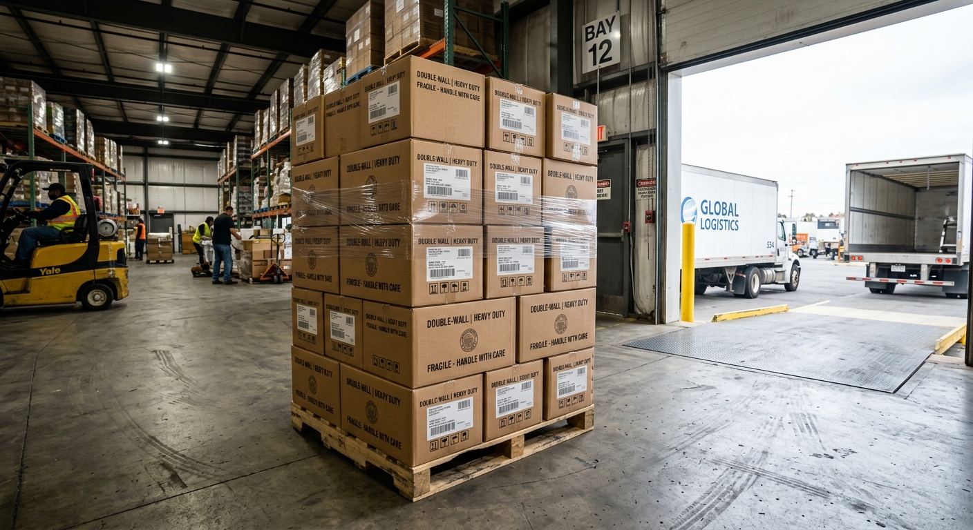 Stacked double-wall corrugated cartons on a wooden pallet
